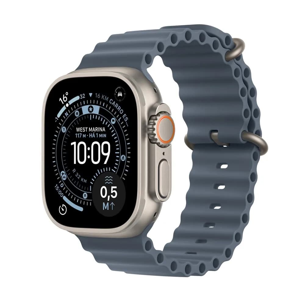 Apple Watch Ultra 3 GPS + Cellular, Caixa em titânio natural de 49 mm com Bracelete Ocean azul‑âncora
