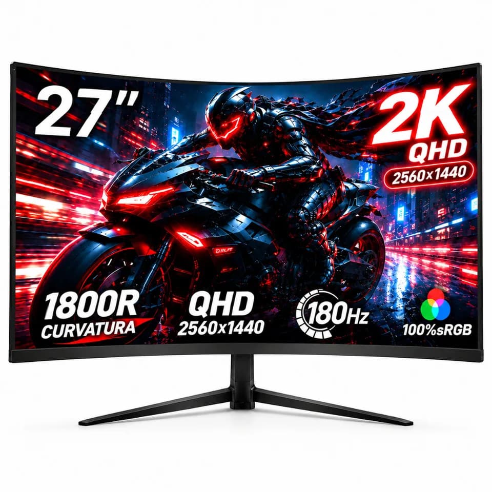 Monitor Curvo Gamer 27" IPS QHD 2k180Hz 1ms FreeSync, Tela Ultrafina, Conexões HDMI/DP e Fixação VESA para PC