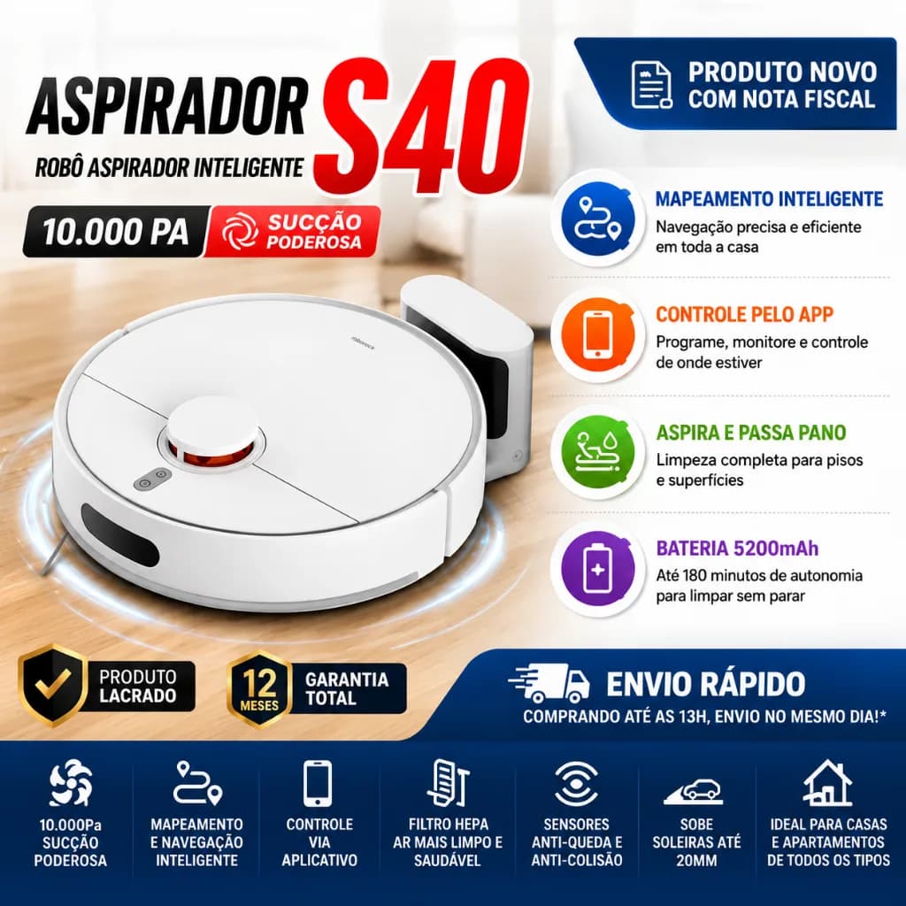 Robô Aspirador S40 10.000 Pa Inteligente WiFi Mapeamento Aspira e Passa Pano Casa Limpa