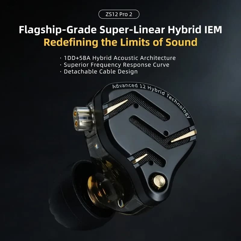 Fones de Ouvido Intra-auriculares Híbridos HiFi KZ ZS12 PRO 2 1DD + 5BA com Graves Aprimorados, Fones de Monitoramento, Fones de Ouvido com Fio Destacável para Jogos