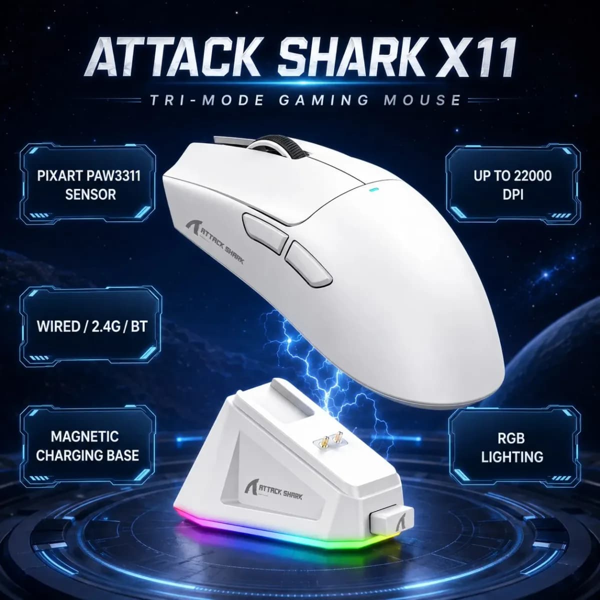 Mouse Gamer Leve Tri-Mode ATTACK SHARK X11, PAW3311, 22000DPI, 400IPS, 40G, Taxa de Retorno de 1K, 59±3g