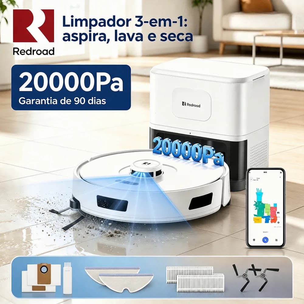 Robô Aspirador e Passador de Pano com Estação Autolimpante | Laser LDS | 20000Pa | App | 127V | Redroad R11