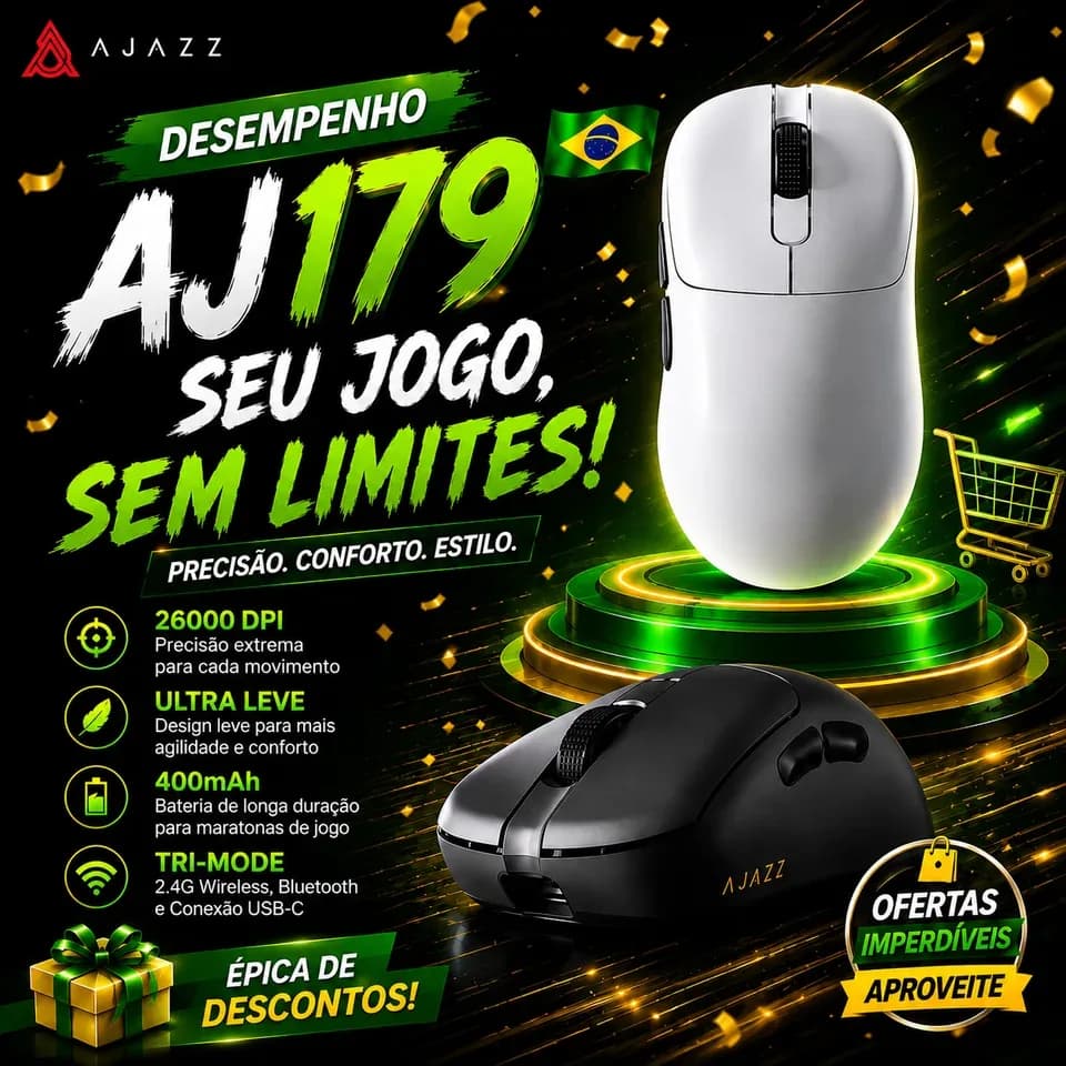 Mouse ergonômico com fio e sem fio AJAZZ AJ179, leve, com macros para jogos, adequado para computadores pessoais e laptops.