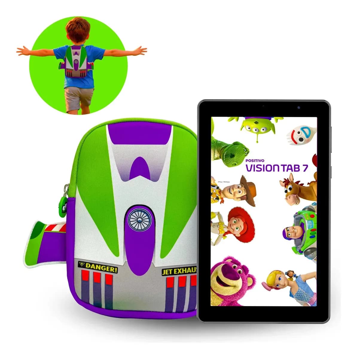 Tablet Infantil Positivo Vision TAB 7 Toy Story Disney 3GB RAM 64GB (expansível até 512GB) Octa-Core Tela 7” Wi-fi Android 14 Go, acompanha Mochila do Buzz Lightyear e Capa de Proteção de Silicone