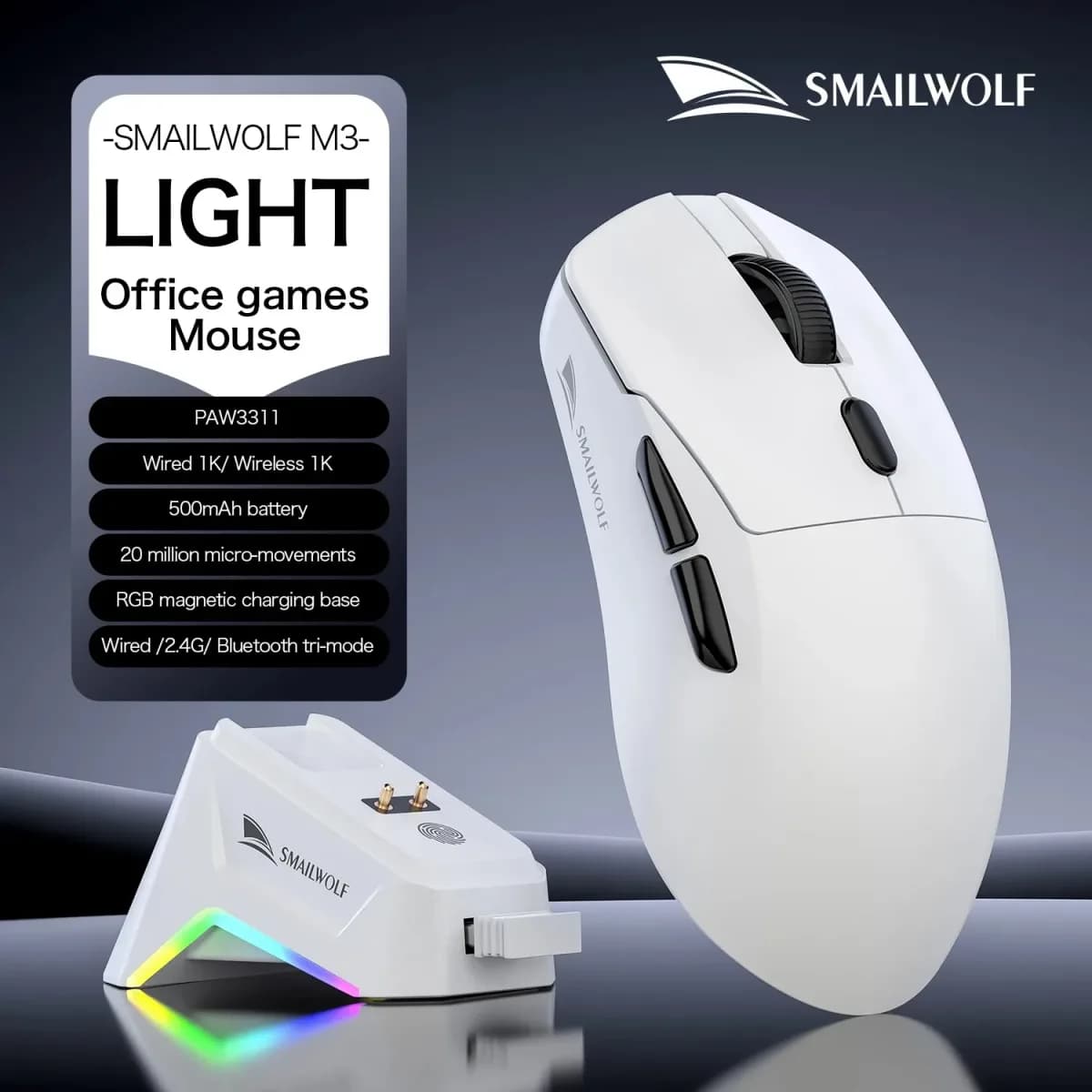 Mouse Gamer Ergonômico SMAILWOLF M3 Tri-Mode com Sensor Óptico PAW3311 12000 DPI 1000Hz Design Leve para PC e Laptop
