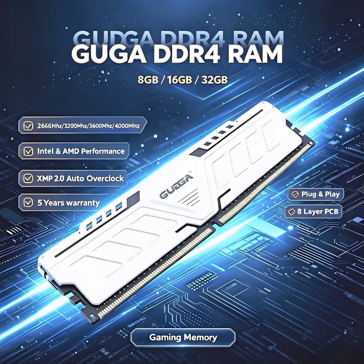 ‌ Memória GUDGA DDR4 3200MHz/3600MHz/2666MHz 8GB/16GB/32GB DIMM de 288 Pinos para Desktop com Dissipador de Calor de Alumínio - AliExpress