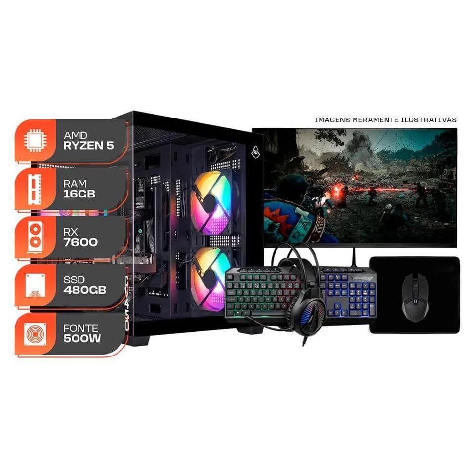 PC Gamer Spectrum, AMD Ryzen 5 5500, RX 7600 8GB, 16GB DDR4, SSD 480GB, Completo com Monitor 180Hz e Periféricos