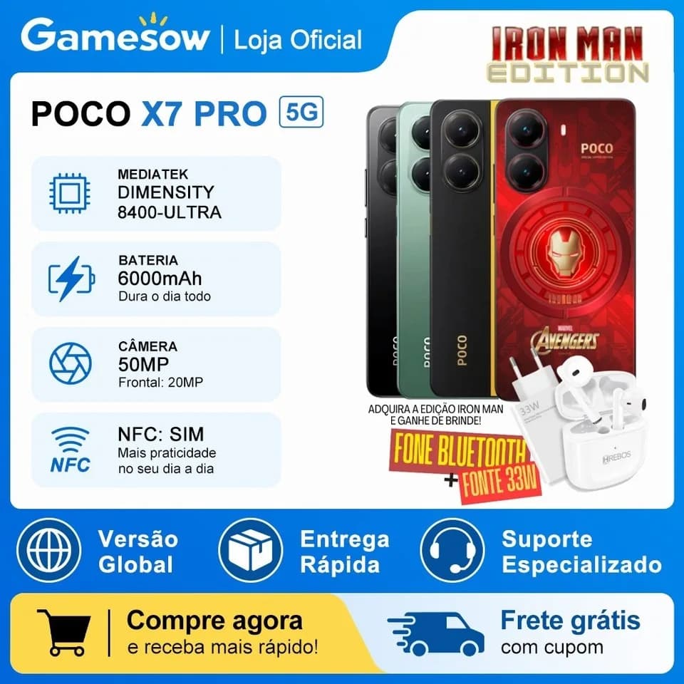 Xiaomi Poco X7 PRO 5G Versão Global,  Armazenamento 512GB-256GB + 8GB-12GB RAM, Processador Dimensity 8400-Ultra
