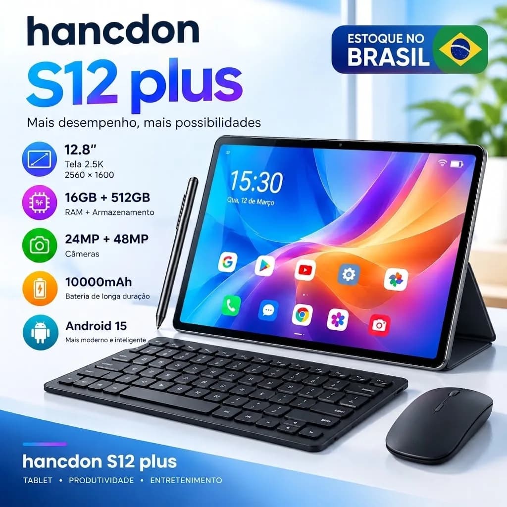 Tablet Hancdon S12 Plus 12.8" 2.5K Android 15 16GB+512GB 10000mAh 24+48MP Estoque Brasil Kit Teclado Mouse Caneta