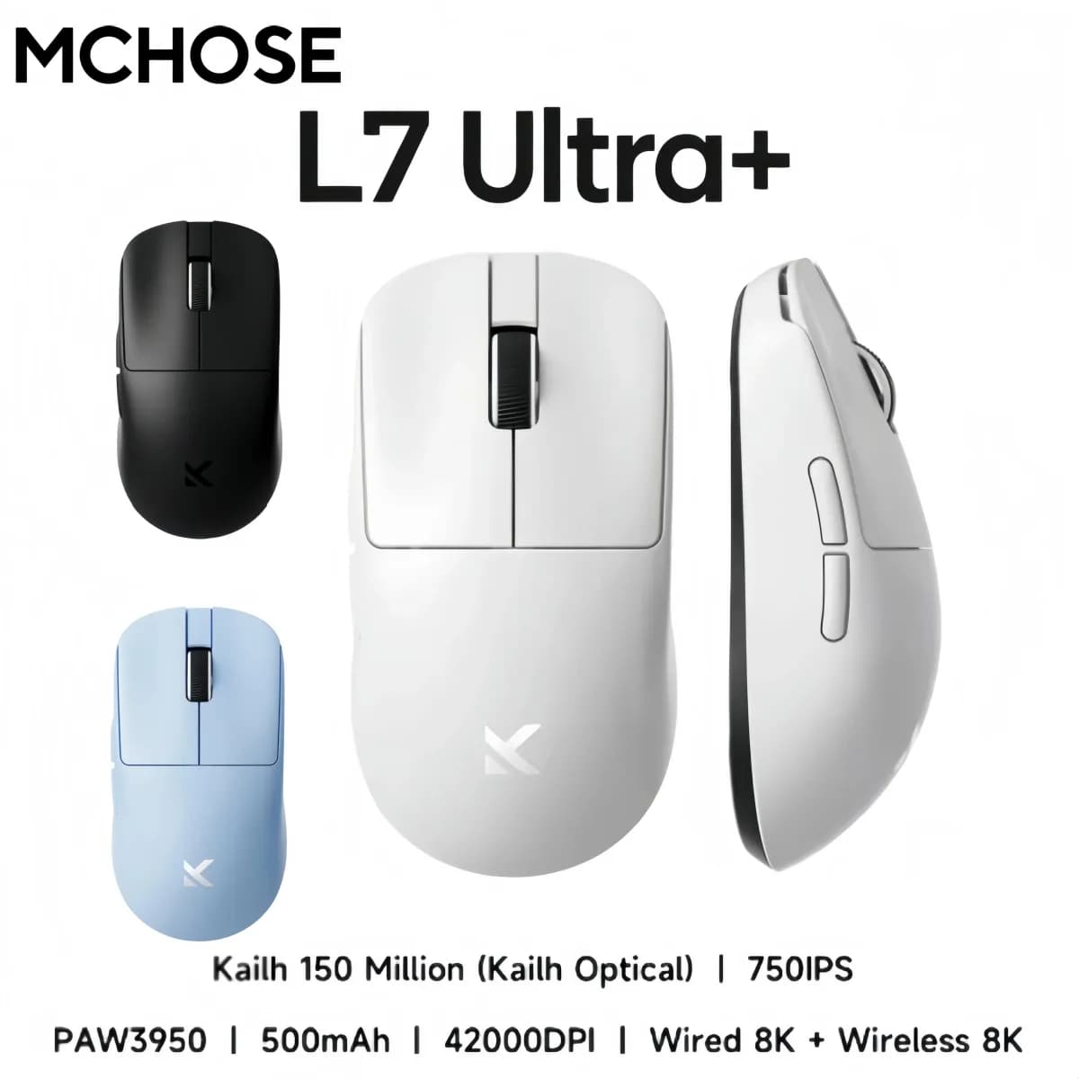 Mouse Gamer MCHOSE Série L7 39g Leve com Conexão Sem Fio BT 2.4G e Switch Óptico Kailh Black Green Dot de Baixa Latência Ultra de 8k