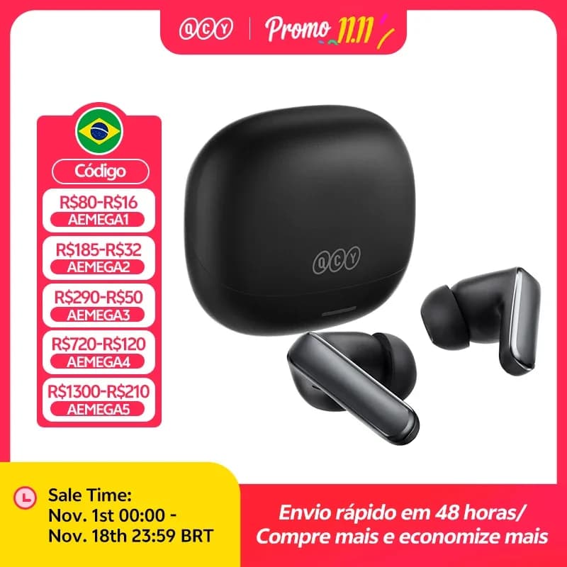 Fones de Ouvido Sem Fio QCY HT21 Melobuds N65 -60dB com Cancelamento de Ruído Adaptativo AI, Bluetooth 6.0, Áudio Hi-Res LDAC, 8 Microfones, 50 Horas de Duração