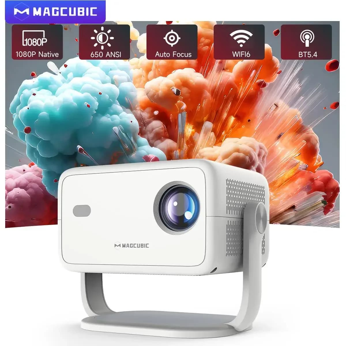 Magcubic Nativo 1080P 650ANSI 8K Android 14 L018 360 °   Projetor com Foco Automático Keystone, Air Mouse, Wifi6, BT5.4, Portátil para Uso Externo