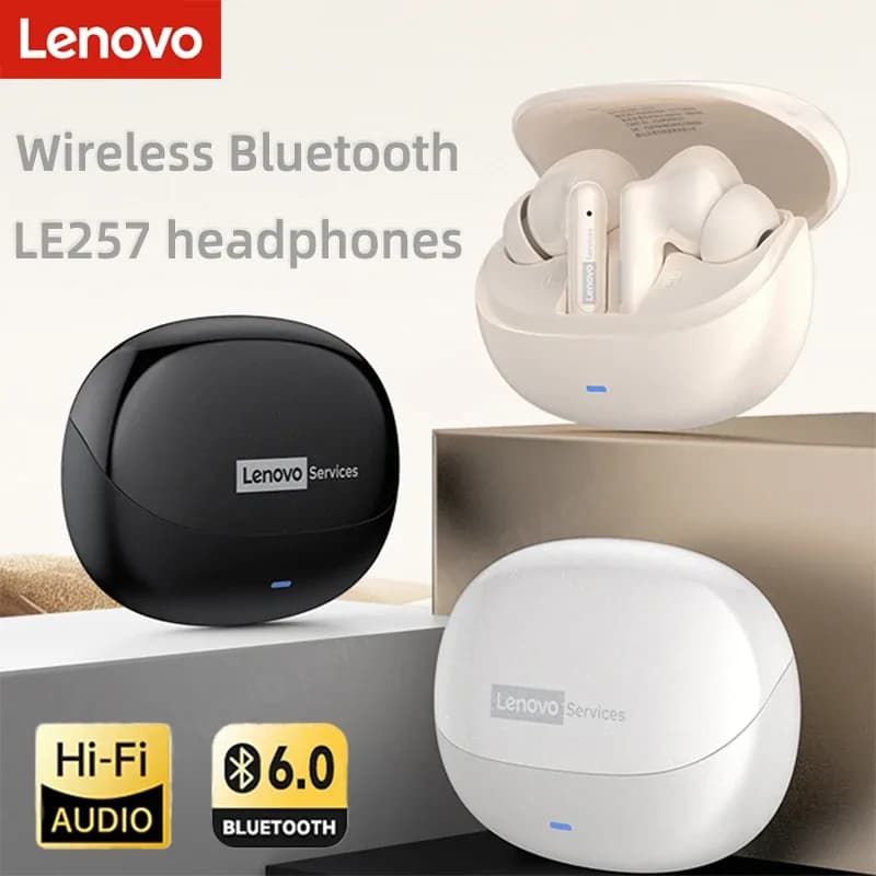 Fones de ouvido sem fio Lenovo LE257 TWS Bluetooth 6.0, som HiFi, cancelamento de ruído em chamadas (ENC), fones de ouvido para jogos e esportes com microfone.