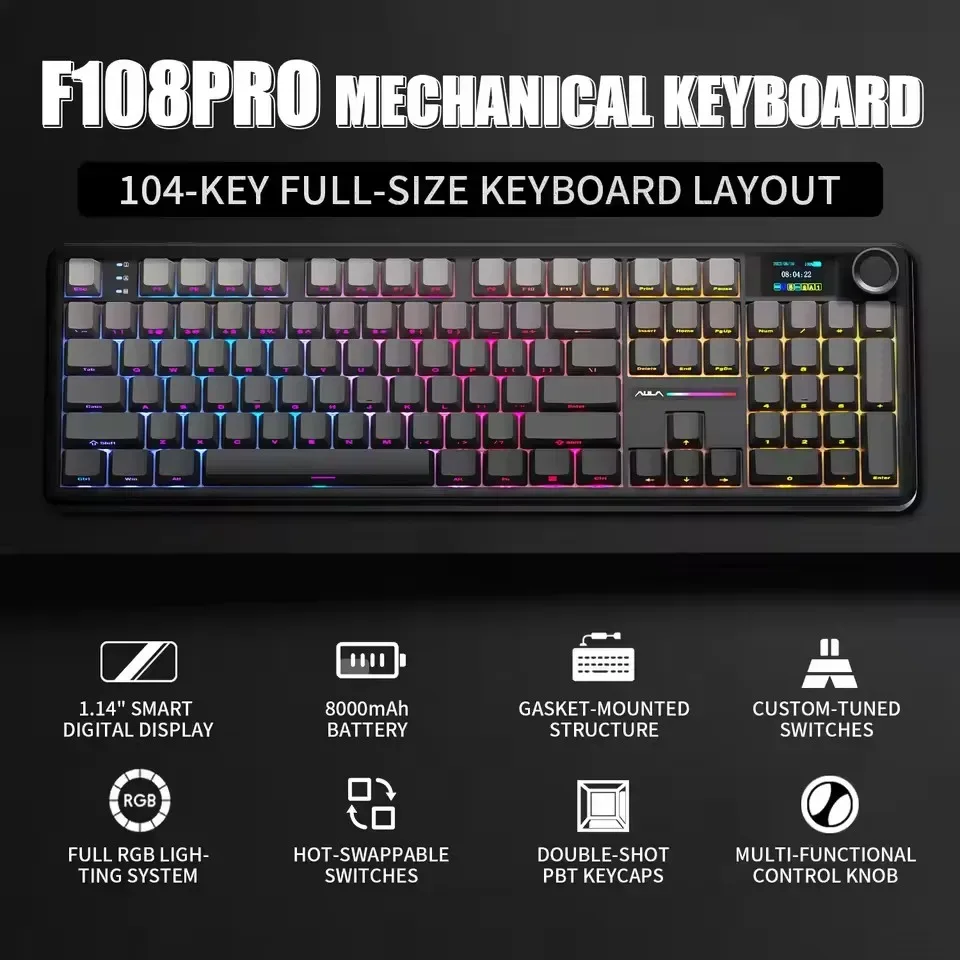 Teclado Mecânico Gamer AULA F108 Pro Tri-Modo Personalizável com Múltiplos Botões, Tela RGB e Display Inteligente TFT para Esports Sem Fio - AliExpress 7