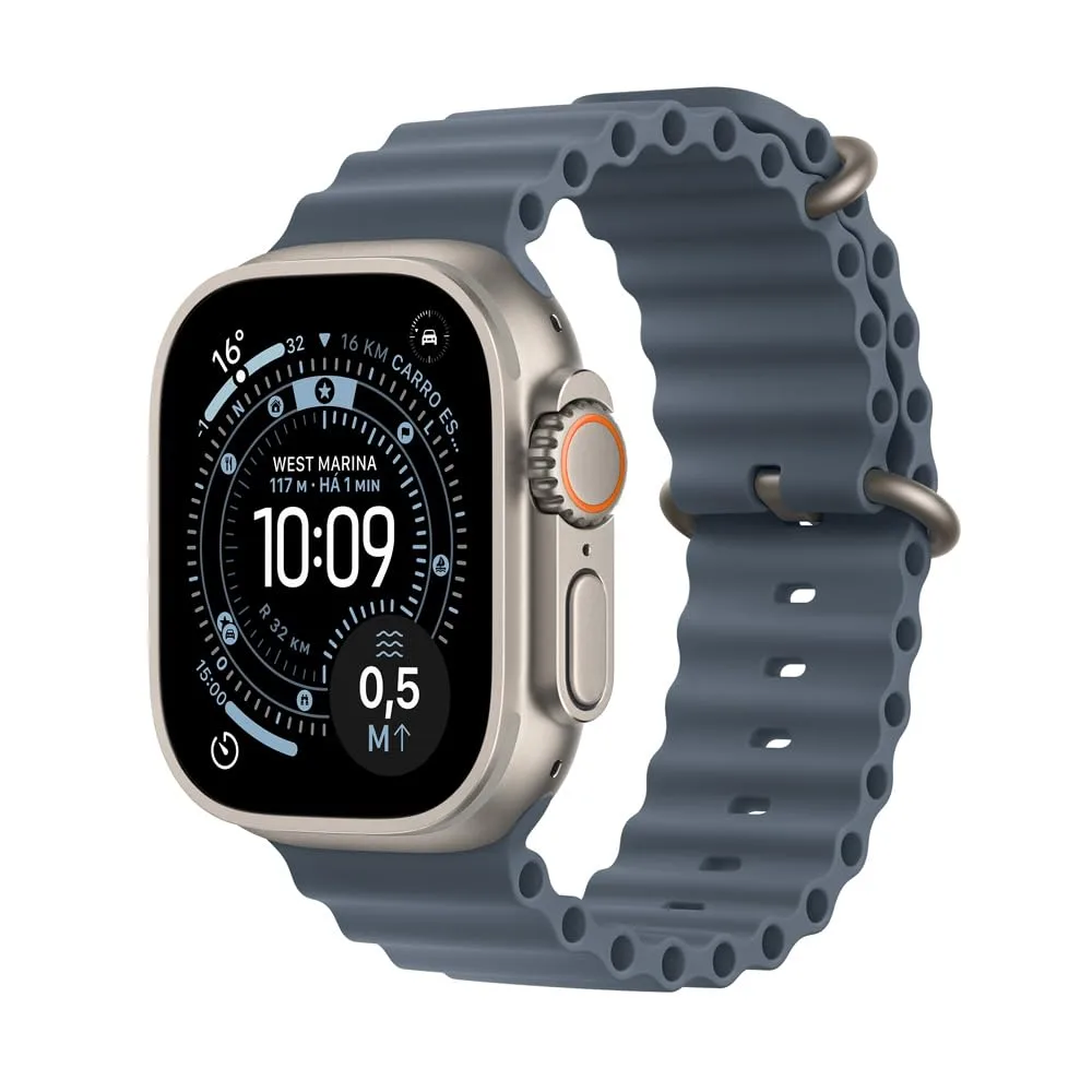 Apple Watch Ultra 3 GPS + Cellular, Caixa em titânio natural de 49 mm com Bracelete Ocean azul‑âncora