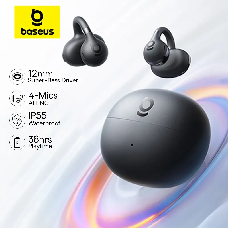 Baseus bc1 clipe de orelha fones de ouvido aberto sem fio bluetooth 6.0 clipe em fones de ouvido esportivos 4 microfones super bass ip55 fones de ouvido