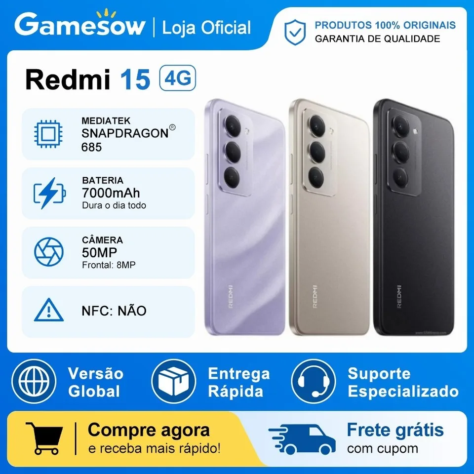 Xiaomi Redmi 15 4G, Processador Snapdragon® 685, Câmera 50MP, Bateria 7000mAh, Versão Global