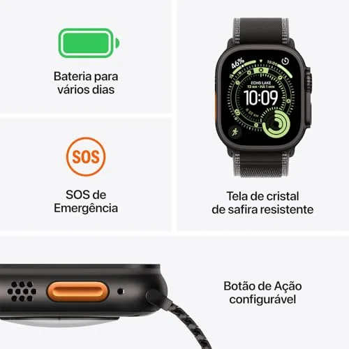 Apple Watch Ultra 3 GPS + Cellular, Caixa em titânio natural de 49 mm com Bracelete Ocean azul‑âncora