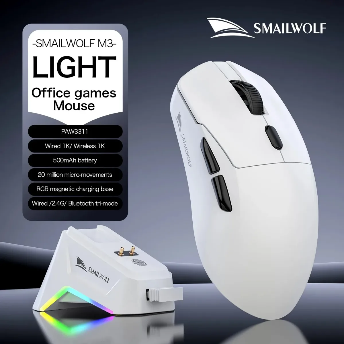 Mouse Gamer Ergonômico SMAILWOLF M3 Tri-Mode com Sensor Óptico PAW3311 12000 DPI 1000Hz Design Leve para PC e Laptop