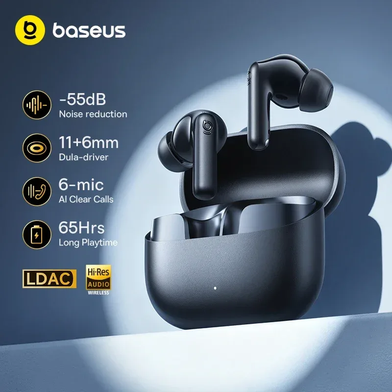 Fones de Ouvido Sem Fio Baseus Bass EP10 Ultra - Redução de Ruído de 55dB, 65 Horas de Duração de Bateria, Bluetooth 6.0, 6 Microfones, Chamadas com IA Claras