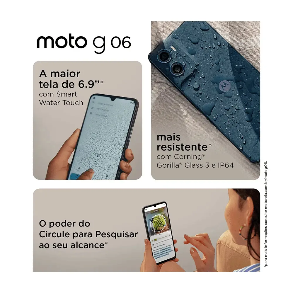 Smartphone Motorola Moto G06 - 256gb 12gb (4gb Ram + 8gb Ram Boost), e Camera 50mp Com Ai Bateria De 5200 Mah Tela 6.9 - Bege