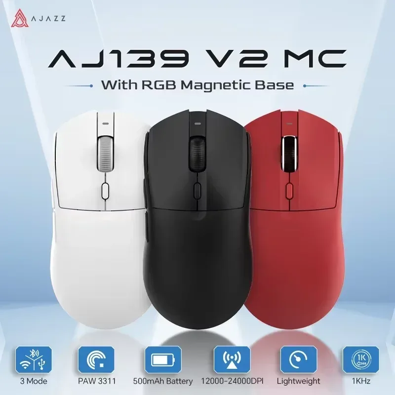 AJAZZ AJ139 V2 MC PAW3311 Mouse para jogos sem fio com base de carregamento magnético RGB 24000DPI Bluetooth/ratos com fio, PC Gamer