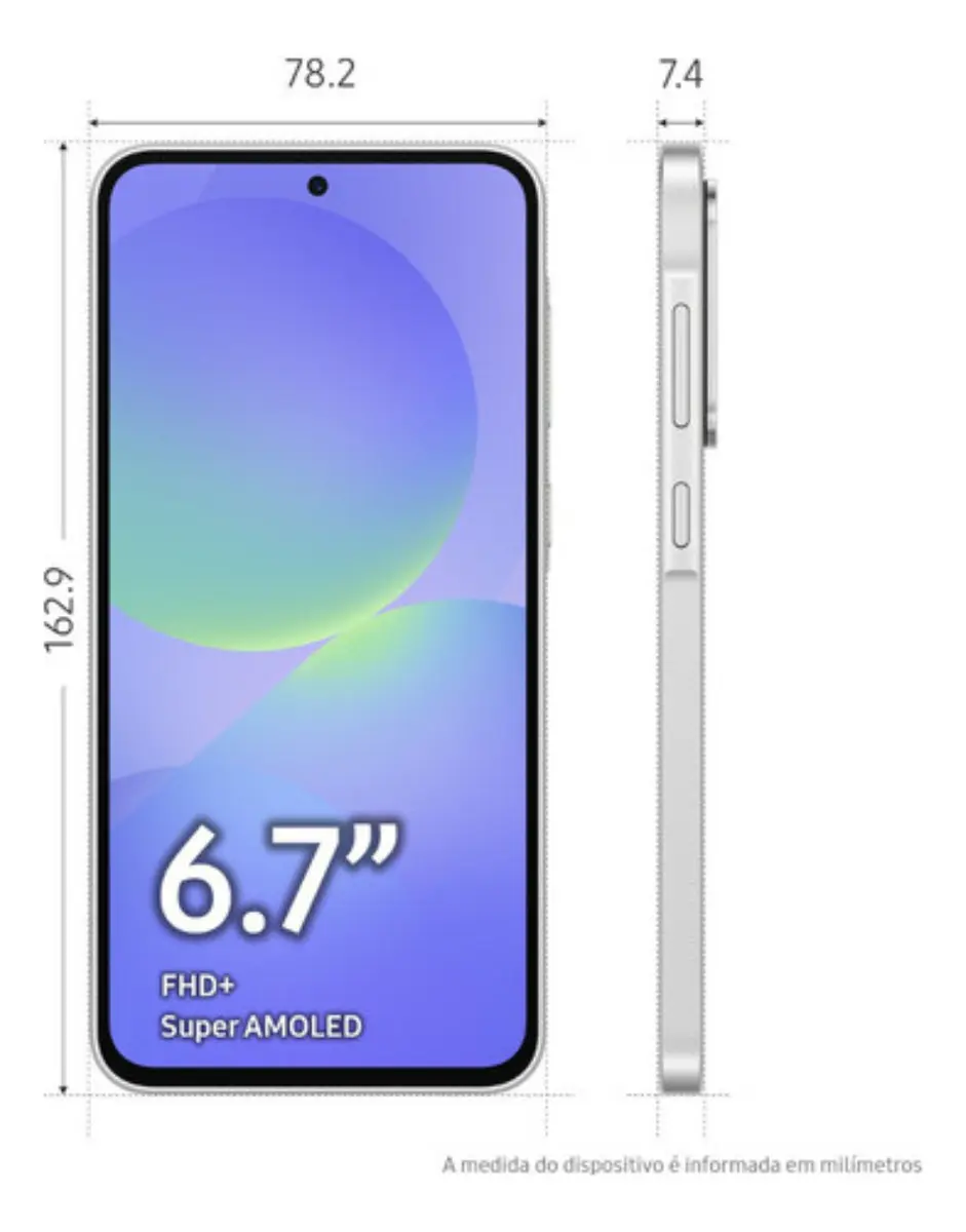 Galaxy A36 5G branco, tela e dimensões — imagem ilustrativa do anúncio