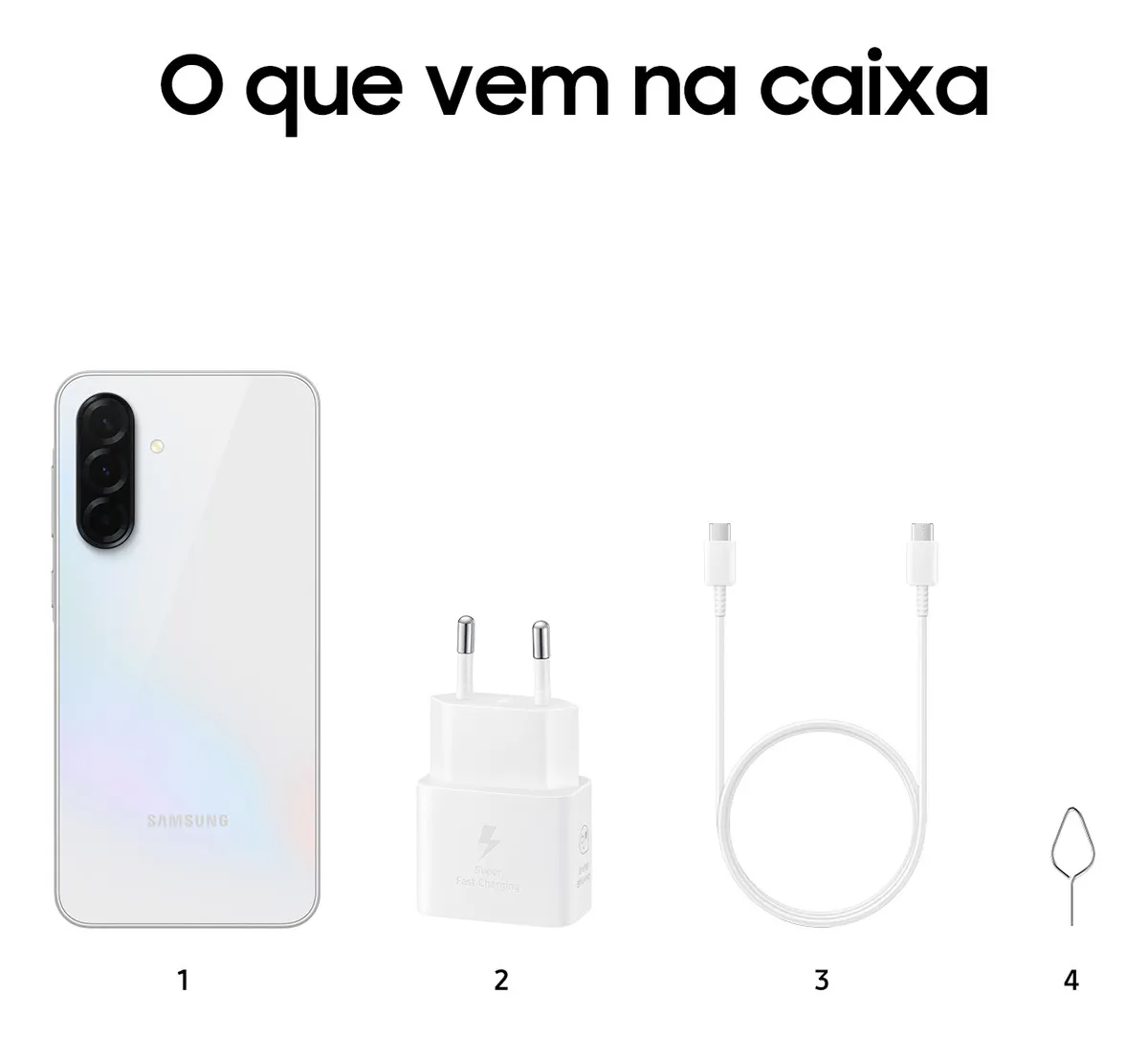 Galaxy A36 5G branco e conteúdo da caixa informado no anúncio